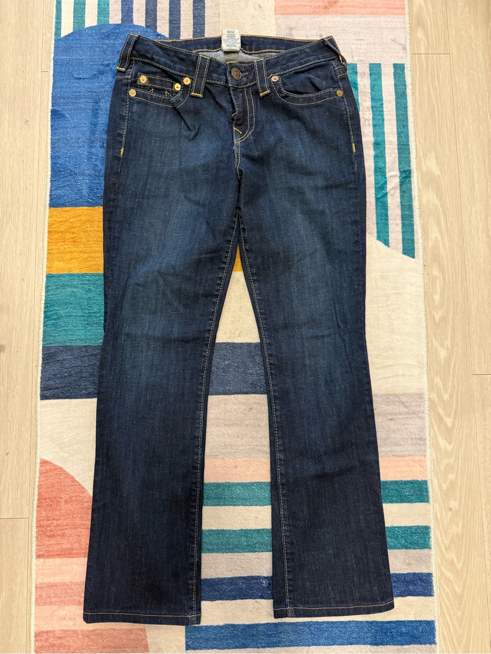 True Religion Avery Mid Rise Crop Bootcut Dark Wash Gold Stitch Jeans Sz 27